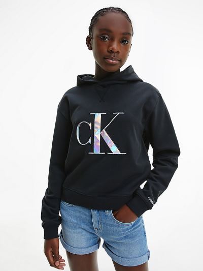 Calvin Klein Ruhák HU724546 | Calvin Klein Organic Cotton Holographic Logo Lány Kapucnis Pulóver Fek